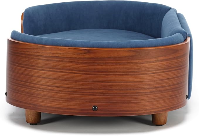 HomSof 30.7" Scandinavian Style Elevated Dog Bed Pet Sofa with Solid Wood Legs and Bent Wood Back,Velvet Cushion,Mid Size,Navy+Brown