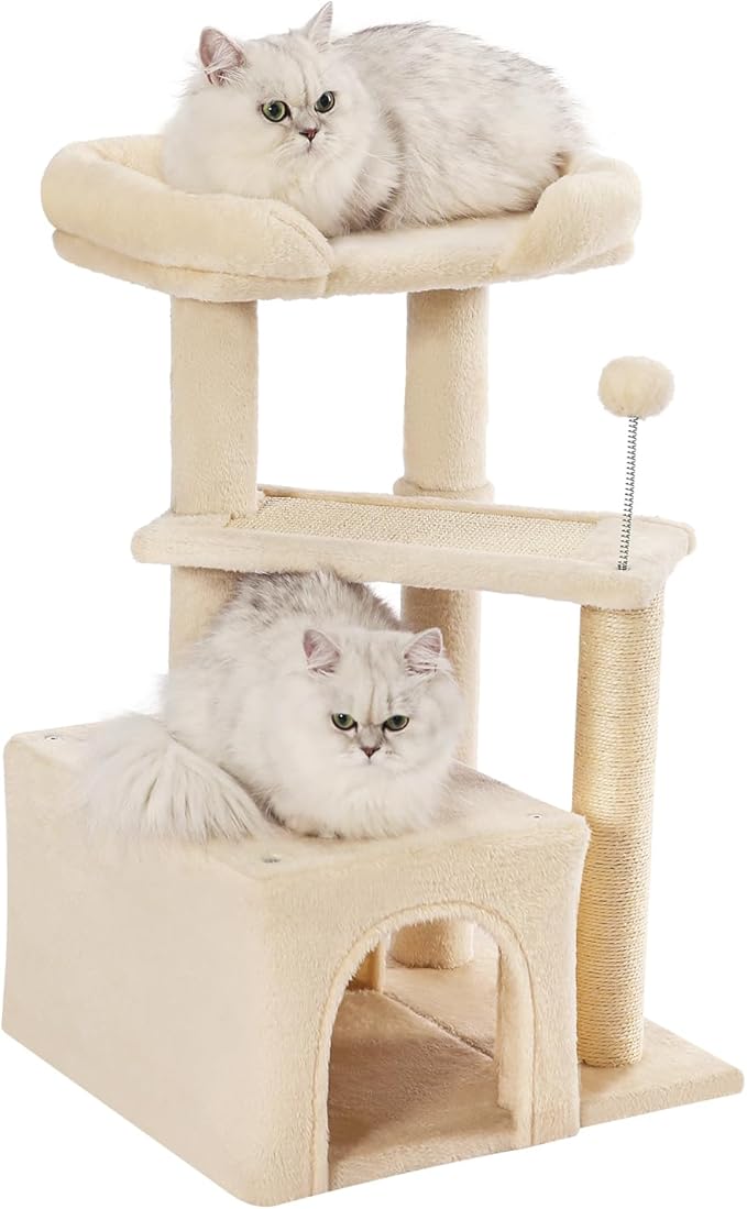 Made4Pets Cat Tree, Small Cat Tower for Indoors Cats, Cute Wood Kitty Condo with Scratching Post and Pad, 29" Multi-Level Modern Activity Climbing Furniture for Small and Medium Cats, Beige