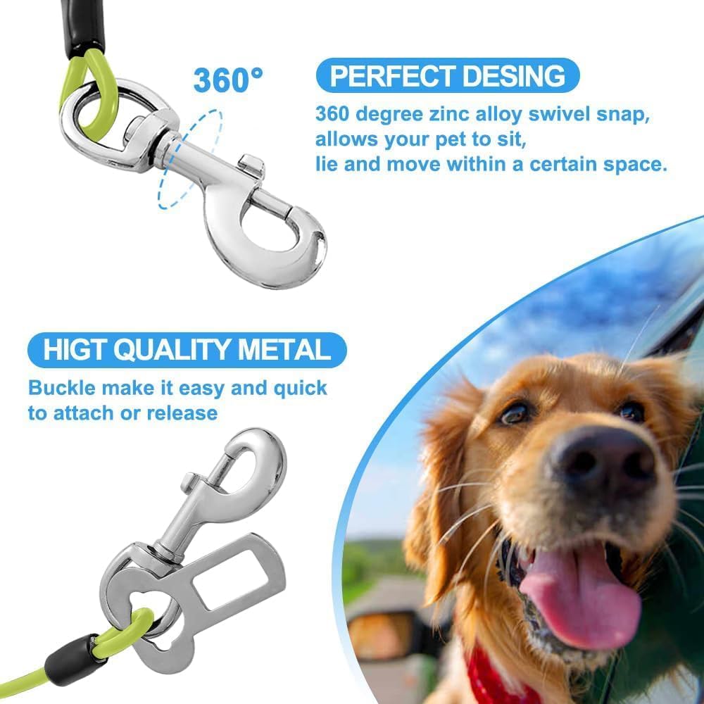 Dog Seat Belt Harness for Car,Dog Seatbelt of Coated Wire Leash Safety Restraint,No Chew Tether Cable Vehicle,Double Clips & Latch(Green, 24 inch/60 CM)