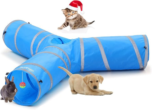 3 Way Cat Tube Tunnel - Indoor Cat Toy Tunnels Includes Crinkle Paper, Mouse Toy - Connect More Tunnels - Pop Up Collapsible - 10 Inch Diameter (Blue)