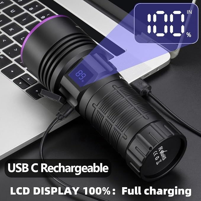 ALONEFIRE SV117 365nm UV Flashlight 70W Powerful Blacklight Digital Display USB Rechargeable Black Light for Pet Urine Detector, Scorpion, Resin, Bed Bug, Fishing with UV Protective Glasses, Battery