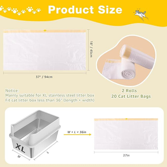 Litter Box Liners 20 Count, 37" x 18" Jumbo 3MIL Thicken Cat Litter Bags Tear Resistant Disposable Cat Litter Liners for XL Stainless Steel Litter Box and Other Suitable Size Litter Box