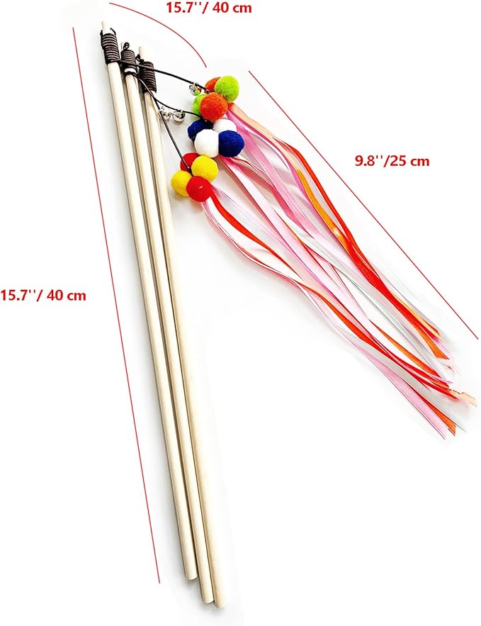 IUHKBH Cat Wand, 3 PCS Interactive Kitten Toys Wooden Handle Kitten Teaser Toys with Bell, Ribbon and Pom Poms Sturdy Cat Sticks