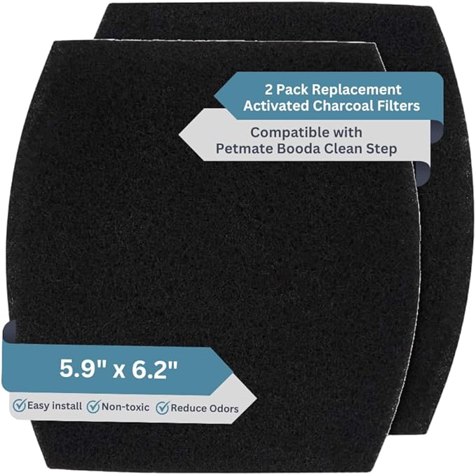 2-Pack Activated Carbon Litter Box Filters - Premium Pre Cut 5.9" x 6.2" Cat Litter Filters Replacement - Compatible with PetMate Booda Clean Step, Biodegradeable and Made in USA