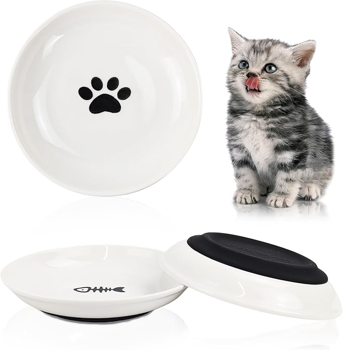 3Pcs Cat Food Bowls, Ceramic Cat Food Bowls with Nonslip Silicone Bottom, Anti Whisker Fatigue Cat Plates for Indoor Cats, Ceramic Pet Bowl with Wide Shallow Kitten Dishes for Dry and Wet Food