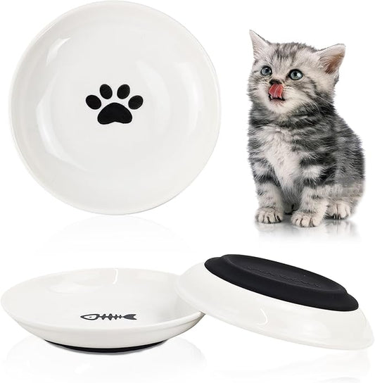 3Pcs Cat Food Bowls, Ceramic Cat Food Bowls with Nonslip Silicone Bottom, Anti Whisker Fatigue Cat Plates for Indoor Cats, Ceramic Pet Bowl with Wide Shallow Kitten Dishes for Dry and Wet Food