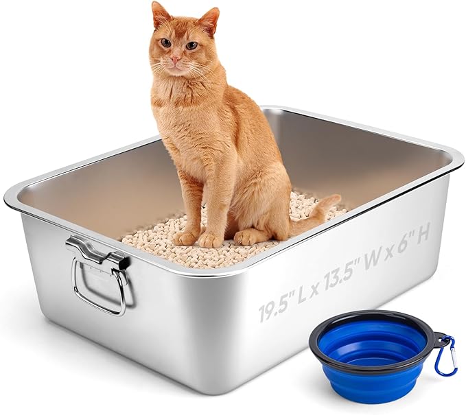 Stainless Steel Litter Box with Handle for Cat and Rabbit, 19.5" L x 13.5" W x 6" H, Odor Control Litter Pan, Fold-able Feeding Plate, Non Stick Smooth Surface