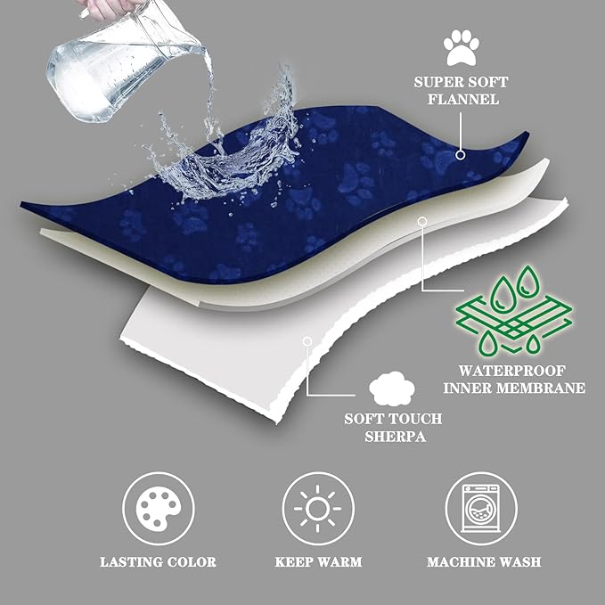 Qeils Waterproof Blanket for Bed Intimacy, Dog Blankets for Large Dogs, Waterproof Cat Blanket Washable, Soft Sherpa Fleece Puppy Blanket, Reversible Throw Protector for Couch Car, 50"X60", Navy Blue