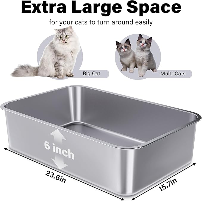Stainless Steel Litter Box 3 Pack, 23.6" X 15.7" X 6" Extra Large Cat Litterbox No Smell, XL Metal Litter Box for Big Kitty, Multiple Cats, Non Stick, Easy Cleaning