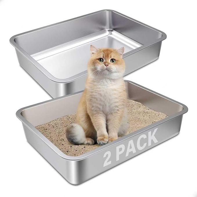 Stainless Steel Litter Box 2 Pack,Small to Medium Litter Box for Kittens 17.5" x 13.5" x 4",Easy Clean Non Stick Easy Entry No Smell Metal Litterbox for Kitty/Rabbits