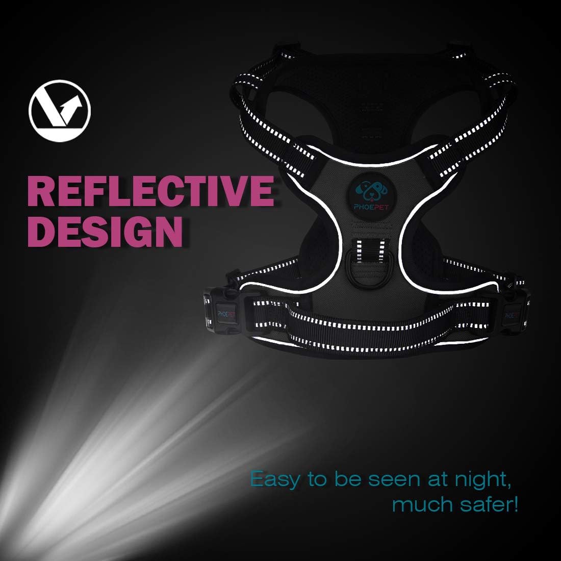 PHOEPET No Pull Dog Harness Medium Reflective Front Clip Puppy Vest with Handle,Adjustable 2 Metal Leash Attachment Hooks(M, Blue)