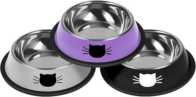 3Pcs Cat Bowls Non-Slip Stainless Steel Small Cat Food Bowl Unbreakable Thick Rubber Base Easily Clean Lovely Color