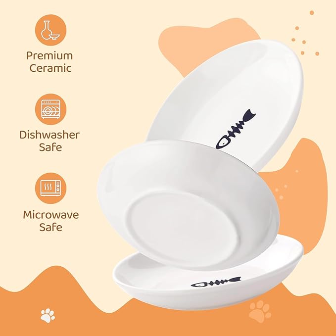 Ceramic Cat Food Plates: Cat Wet Food Bowls/Whisker Fatigue Cat Dishes & Shallow Bowls for Kittens and Small Animals