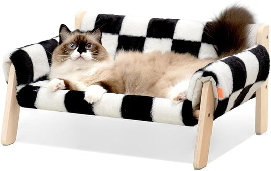 MEWOOFUN Cat Couch Bed, Pet Sofa for Indoor Cats Wooden Indoor Elevated Cat Beds with Removable Mattress Cover Suitable for Kitty, Puppy or Small Animal (Chessboard, Medium)
