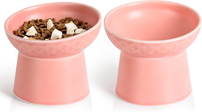 YauYik Ceramic Raised Cat Bowls, Elevated Tilted Cat Food and Water Bowls Set, Stress Free Pet Feeding Dish for Indoor Cats and Small Dogs, Anti Vomiting, Pink, 2 Pack