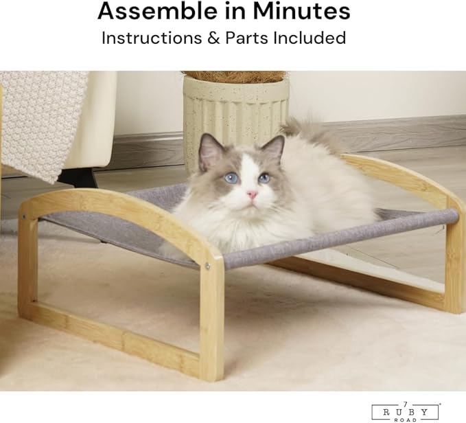 7 Ruby Road Elevated Cat Bed Cot with 2 Washable Covers, Wooden Cat Hammock Bed Chair, Modern Raised Pet Beds & Furniture for Indoor and Large Cats, Kitten, Dog, Puppy and Small Dogs