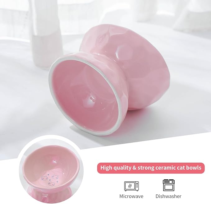 OMAYKEY Ceramic Raised Cat Bowls, Tilted Elevated Cat Food and Water Bowls, Pet Bowl Dish for Cats and Small Dogs, Pink, Set of 2