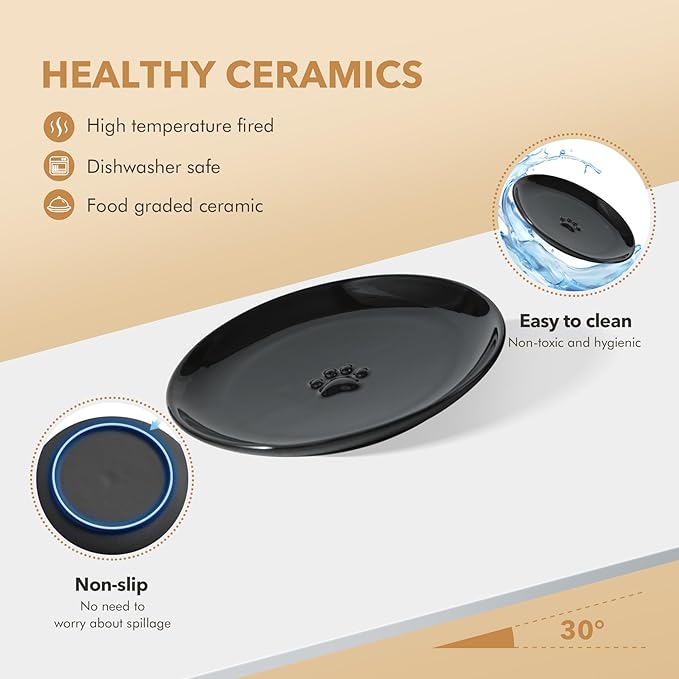 6.1'' Ceramic Wide Cat Dishes, Set of 3 Ceramic Cat Bowls, Indoor Kitten Feeding Wet & Dry Shallow Food Dish Anti Whisker Fatigue(3 Pcs, Black)