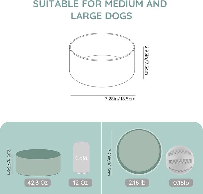 SPUNKYJUNKY 42OZ Ceramic Dog and Cat Bowl, Modern Cute Weighted Food Water Bowl for Replacement Morandi Green (2 Pack)