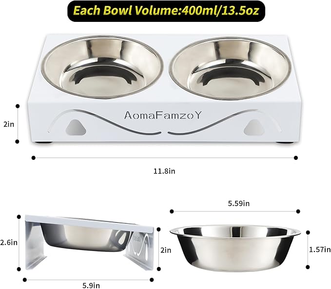 2 Pack Cat Food Bowls - Indoor Set with Metal Stand,5° Tilted Anti Vomiting Wide Raised Pet Dish, Cute Elevated Cat Feeding Station for Food Water, 4 Stainless Steel Bowls for Kitten, Puppy,White