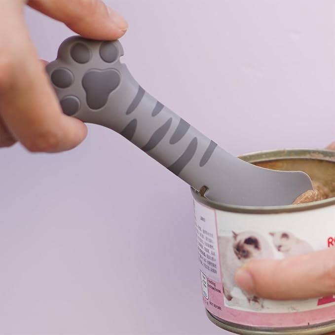 Meow&Woof Cute Cat Pet Can Food Cover with Spoon - One Lid and One Spoon Pack (Gray)