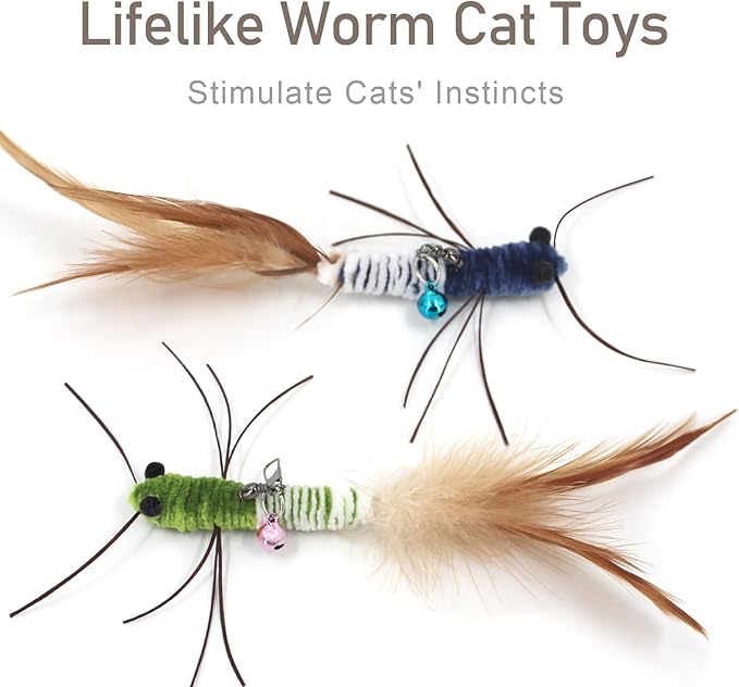 SONGWAY Insect Cat Toys with Feather - 6 Pieces Cat Worm Toy Refills, Cat Toy Wand Attachments, Worm Cat Toys, Interactive Toys for Indoor Cats Kittens