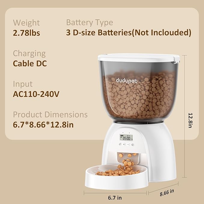 5L/21 Cup Automatic Cat Feeder, Timed Cat Food Dispenser, Automatic Pet Feeders Up to 6 Meals 1-20 Portion, Dual Power Supply Cats Feeder with Stainless Steel, Pet Dry Food Dispenser for Cats & Puppy