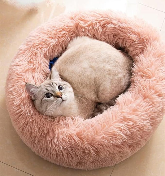 Cat Beds for Indoor Cats - Cat Bed Washable 20/24 inches, Dog Beds for Small Medium Dogs, Anti Anxiety Round Fluffy Plush Faux Fur Pet Bed, Thick Bottom (Pink, Medium)