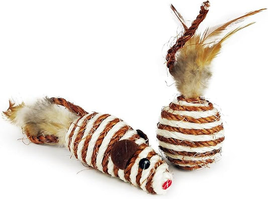 TTcat Cat Toys Set with Sisal Rope & Feathers Ball and Mouse - 2 Pack, Interactive Toys for Indoor Cats,Kittens