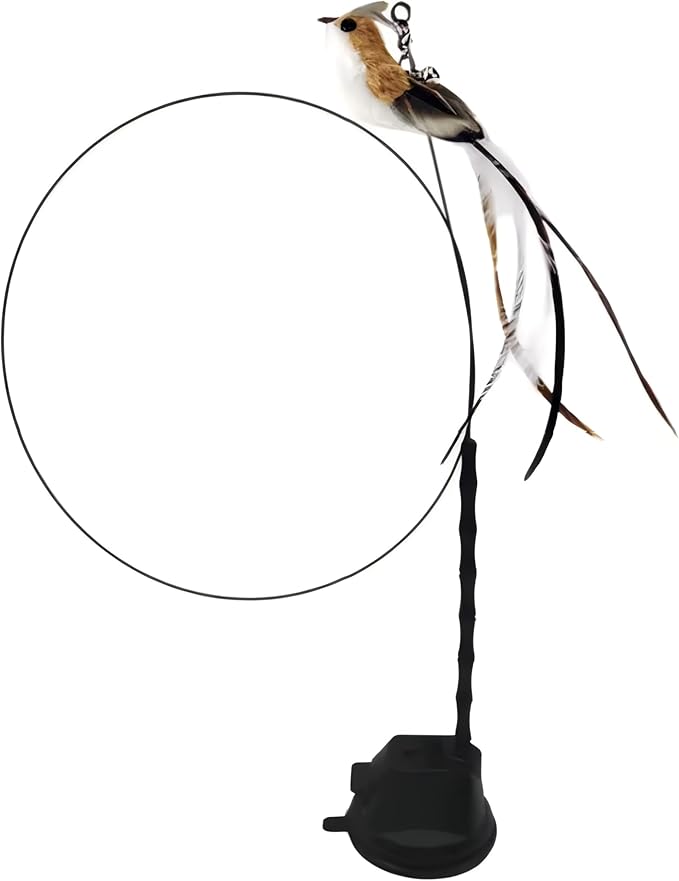 Interactive Suction Cup Cat Toy for Indoor Cat, Long Tail Feather Bird, Spring Wire Suctions to Ground, Hands Free Bird Simulation Cat Toy Wand Set that Sticks to Floor, Feathers & Bells