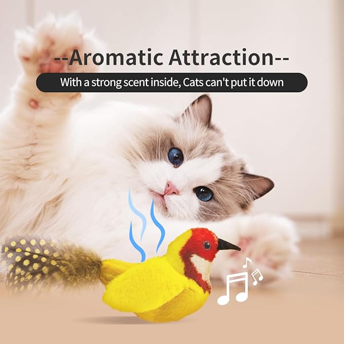 Catnip Cat Toys Boredom Relieve Teeth and Kicking Feather Cat Toys Interactive with Lifelike Chirp Sound Chirping Bird Kitten Toy Real Feather (6 Pack)