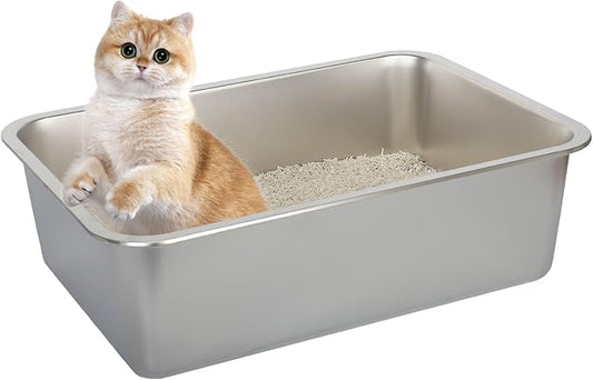 Stainless Steel Cat Litter Box - Kitty Litter Boxes-Metal High Sided Cat Pan, Indoor Litter Tray, No Smell, Easy to Clean, Pet Toilet Supplies for Kitten, Kitty, Rabbit