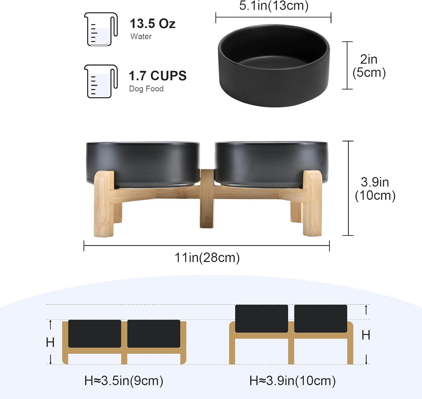 SPUNKYJUNKY Elevated Dog Bowls Ceramic, 5.1'' Dogs and Cat Food Water Bowls Raised with Non-Slip Bamboo Stand for Puppy Small Sized Breed Microwave Dishwasher Safe - 13.5 OZ,Black