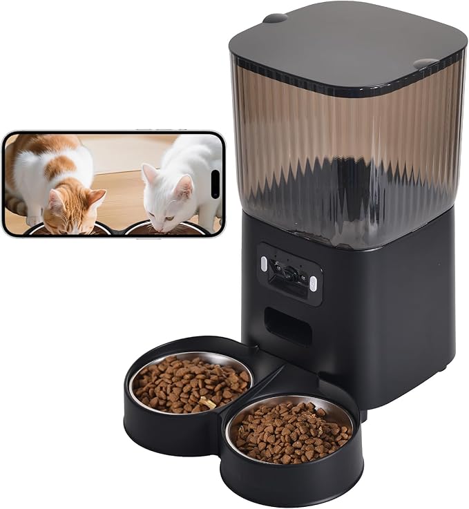 Automatic Cat Feeder, Camera Auto 2 Cats Dispenser 5L Microchip WiFi 2.4G&5G Timed Dual Pet Smart APP Dry Food Self Feeding Container Station(Black, 2 Bowls)