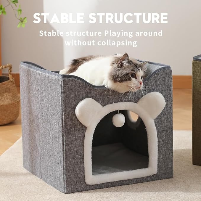 Cat Beds for Indoor Cats, Large Cat House Foldable Cat Cave with Scratch Pad and Hanging Fluffy Ball, Reversible Cushion Hideaway for Pet Cats, 16.5x16.5x13.2 inches, Multi Small Pet (Dark Grey, L)