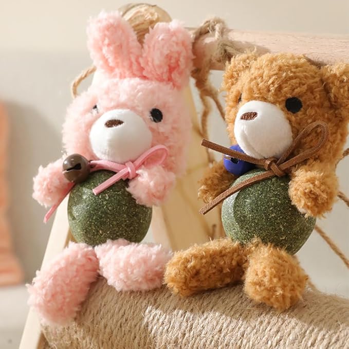 Cat Toys with Catnip Kitten Chew Bite Supplies Boredom Relief Fluffy Kitty Teeth Cleaning Chewing Cat Lovers Interactive Plush Gift (New Bear)
