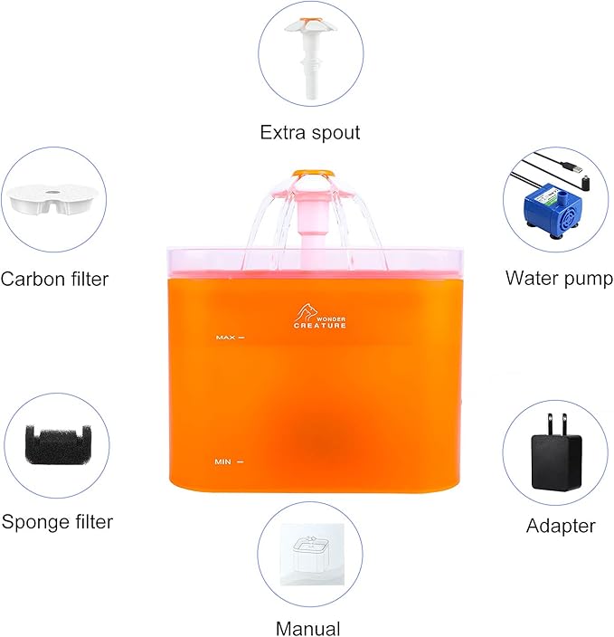 Cat Water Fountain, 67oz/2L Automatic Cat Drinking Fountain, Pet Water Dispenser with LED Light and Filter for Cats and Small Dogs (Orange)