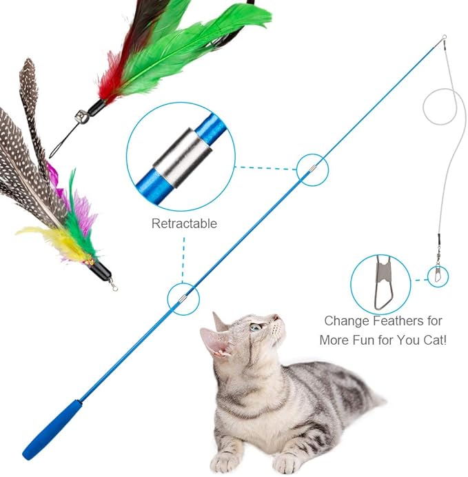 Cat Toys Feather Toy, 2PCS Retractable Wand and 10PCS Replacement Teaser with Bell Refills, Interactive Catcher and Funny Exercise for Kitten.