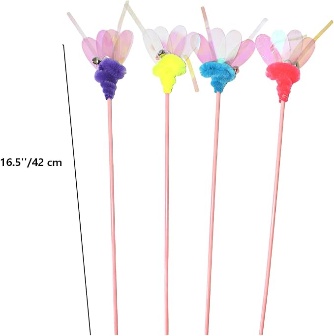 Cat Wand Toy, 4 PCS Insect Kitty Wands Colorful Cat Teaser Wands Interactive Kitten Toys with Bell