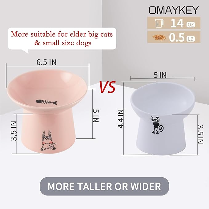 OMAYKEY 6.5 Inch Extra Wide Ceramic Raised Cat Bowls, Elevated Cat Bowl for Food and Water, Wide Shallow Cat Food Feeder Dishes, Whisker Fatigue, Protect Spine, White & Pink