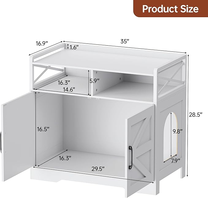 Cat Litter Box Enclosure Furniture - Hidden Litter Box Cabinet with Scratch Pad & Odor Control | Farmhouse Style End Table for Cats | Discreet Cat Washroom for Living Room & Bedroom White