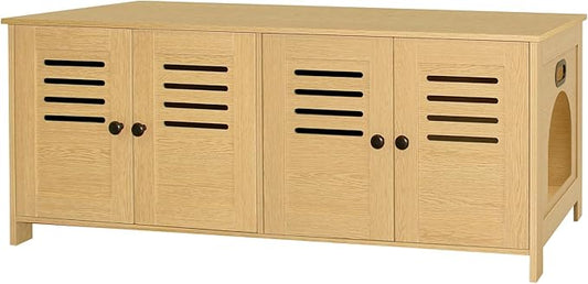 DINZI LVJ Litter Box Enclosure for 2 Cats, Hidden Litter Box Furniture with Double Rooms, Dual Pet House with Good Ventilation, 47.2" Hidden Cat Washroom, Wooden Cabinet, Easy Assembly, Natural