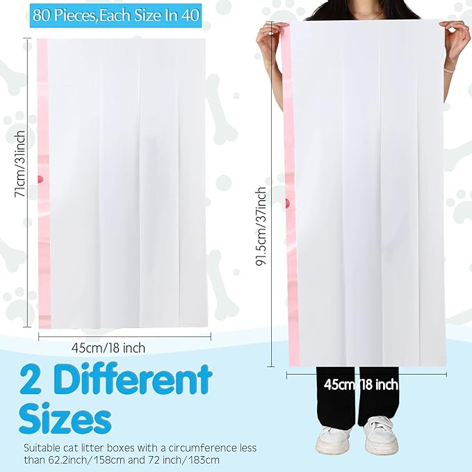 Jutom Large Cat Litter Box Liners, 80 Count, 36 x 18 in and 31 x 18 in, Scratch Resistant HDPE Material, Convenient Drawstring Design, Keep Home Clean