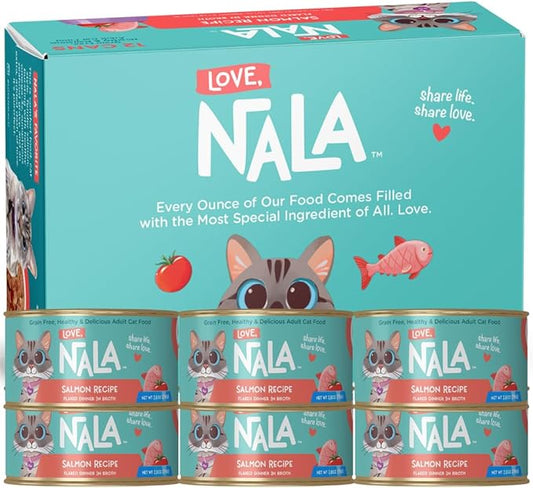 LOVE, NALA - Natural Adult Cat Wet Food - FLAKED Salmon in Broth - Grain Free, Non-GMO, Lean Protein with Omega 3, Added Minerals & Vitamins - 12 Pack, 2.4 lbs.