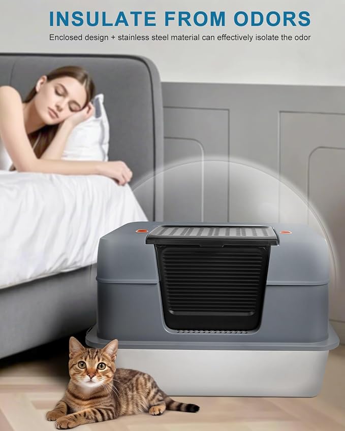 Stainless Steel Enclosed Cat Litter Box with Lid，Covered Metal Kitty Litter Box with Litter Mat and Odor Reduction Pack(2kg), Metal Scoop，Switchable Design, Easy Clean (Litter Box Grey)