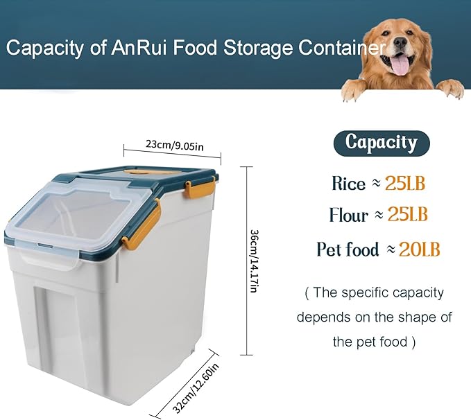 AnRui Dog Food Storage Container with Scoop, Large Airtight Plastic Pet Dog Cat Dry Food Bin, Cereal Grain Organizer Box for Rice, Flour, Snack, Baking Supplies, Kitchen Pantry, Blue