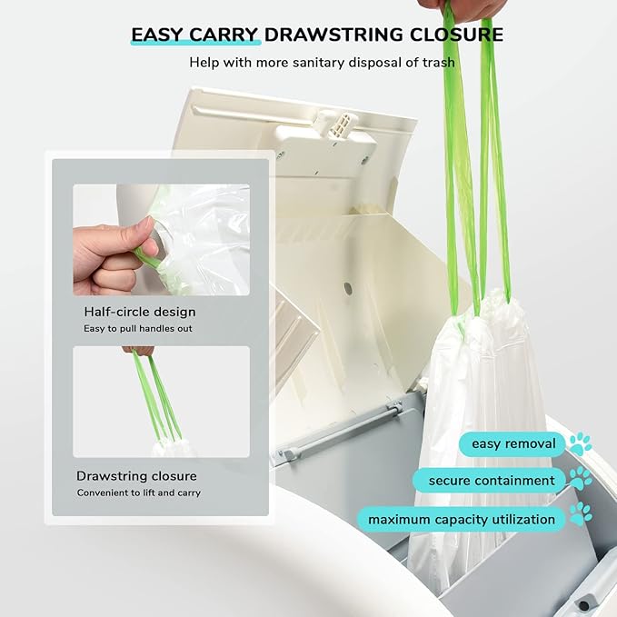 65 Count Drawstring Litter Box Liner Bags for Auto Self-Cleaning Litter Box, Extra Thick Leak Proof Cat Litter Replacement Waste Bags, Unscented, 18.1"W x 15.7"H, 3.5 Gal