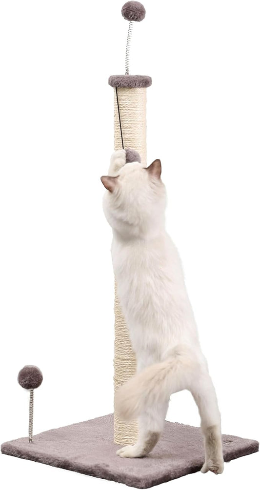 CTR1010A Rylie 38" Farmhouse Sisal Pillar Cat Scratching Post with Fuzzy Toys and Spring Balls, Gray/Cream