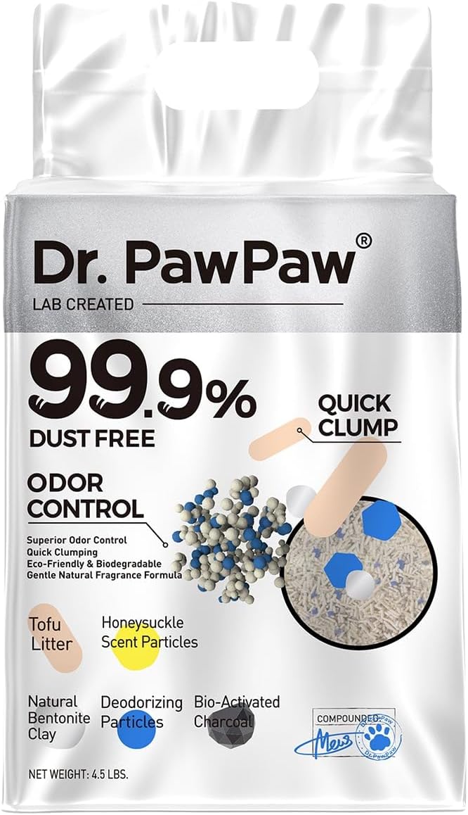 Tofu Cat Litter, Dr. PawPaw Clumping Cat Litter, Honeysuckle Scent 4.5 lb, Dust-Free Keep Kitty Tidy, Superior Odor Control Keep Step Fresh