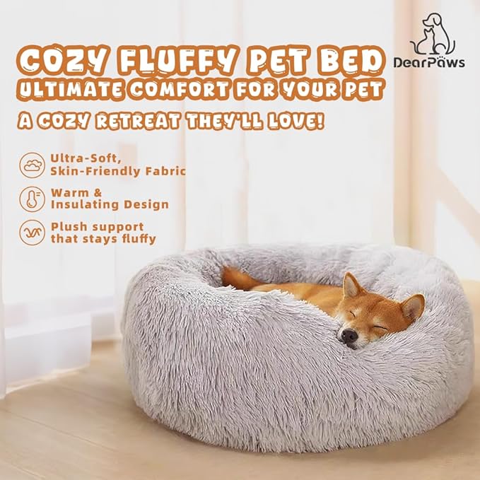 Comfy Dog Bed Large Size Dog - Donut Washable Large Pet Bed, 39 inches Anti-Slip Round Fluffy Plush Faux Fur Cat Bed, Fits up to 120 lbs Pets (Pink)